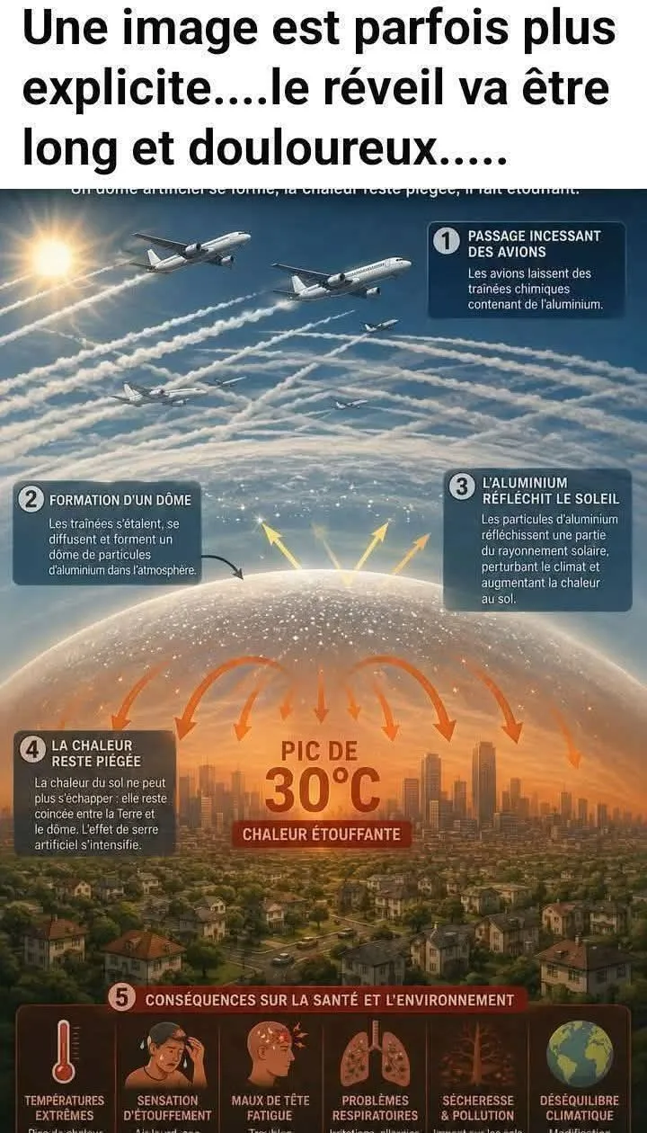 Illustration du post LinkedIn : ❌ Les avions créent un dôme de chaleur avec leurs traînées chimiques d’aluminium