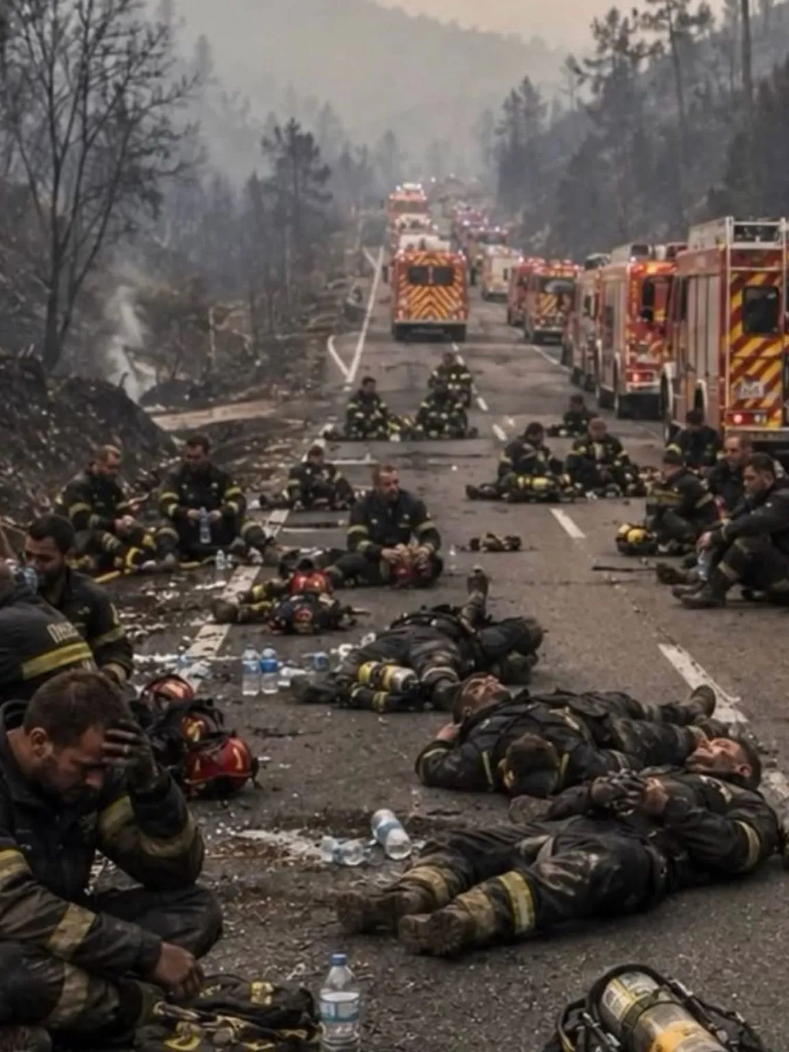 Illustration du post LinkedIn : Une photo sans trucage des pompiers épuisés par la lutte contre les incendies