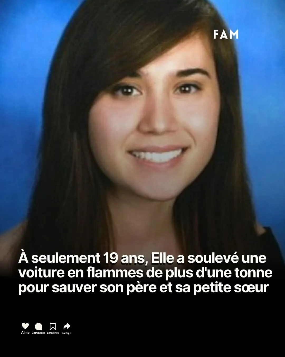 Illustration du post LinkedIn : ✅ A 19 ans, elle soulève une voiture en flammes d'une tonne