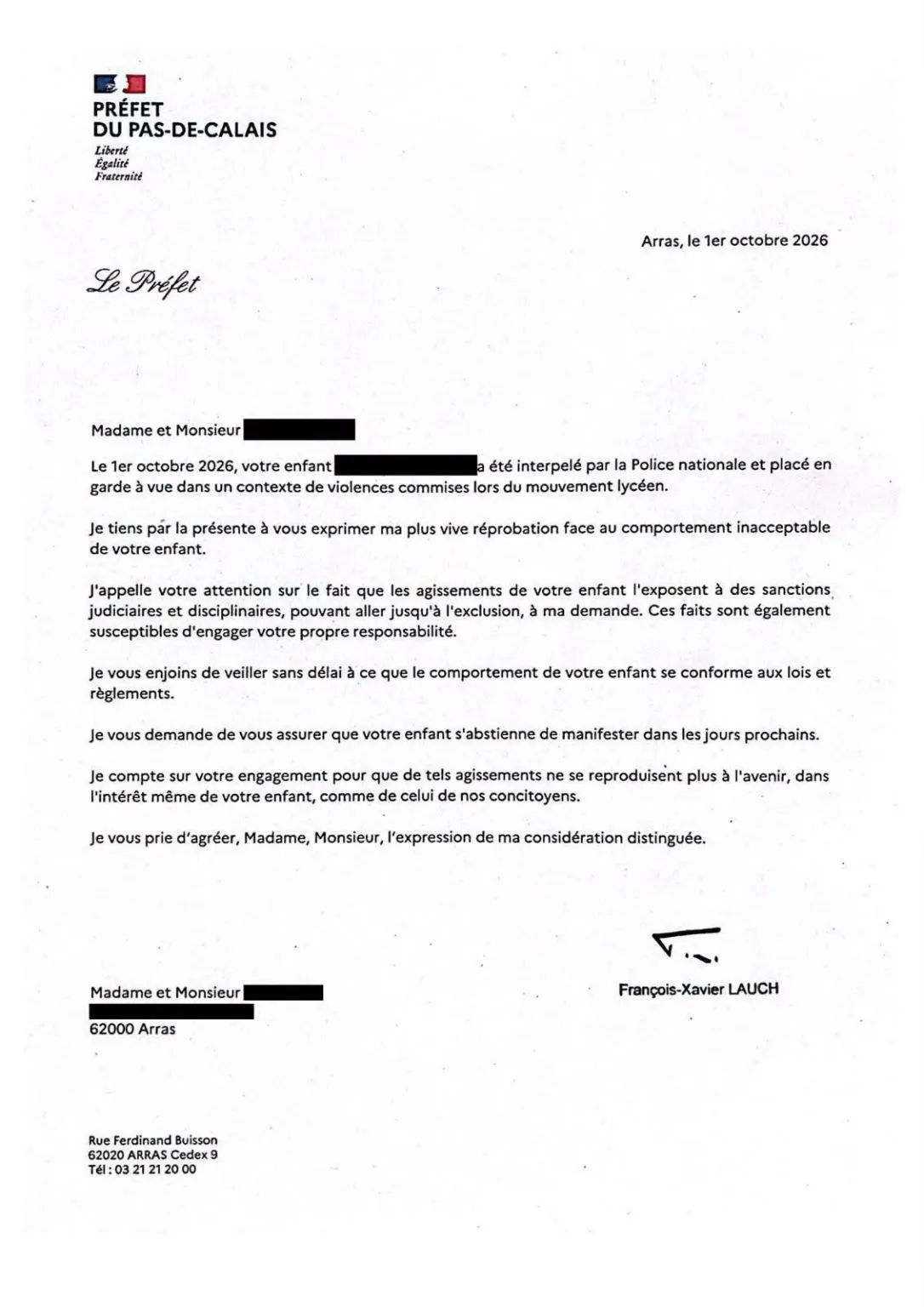 Illustration du post LinkedIn : Le Préfet du Nord demande aux enfants de ne plus manifester, dans une lettre envoyée aux parents