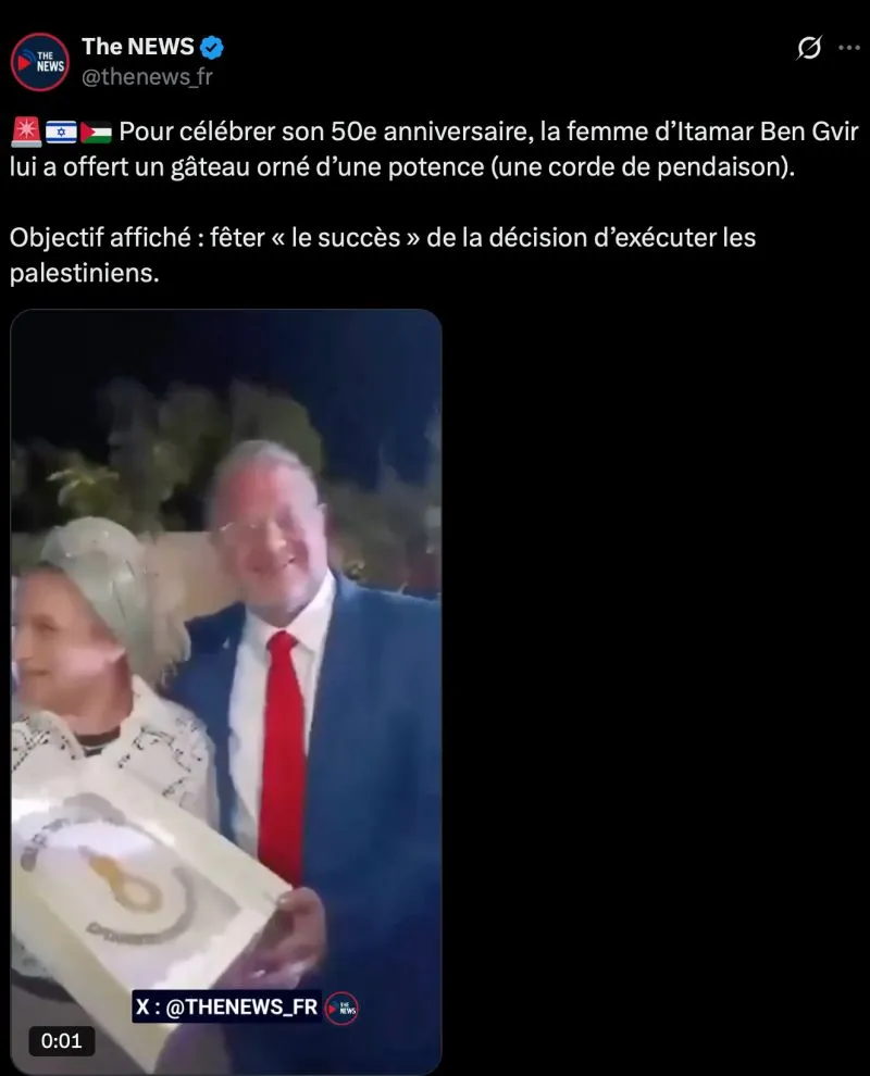 Illustration du post LinkedIn : ✅ La femme du ministre Ben-Gvir lui a offert un gâteau d'anniversaire orné d'une corde pour pendre les Palestiniens