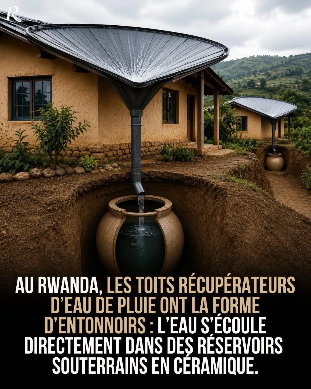 Illustration du post LinkedIn : Des toits en forme de champignon pour récupérer l'eau au Rwanda