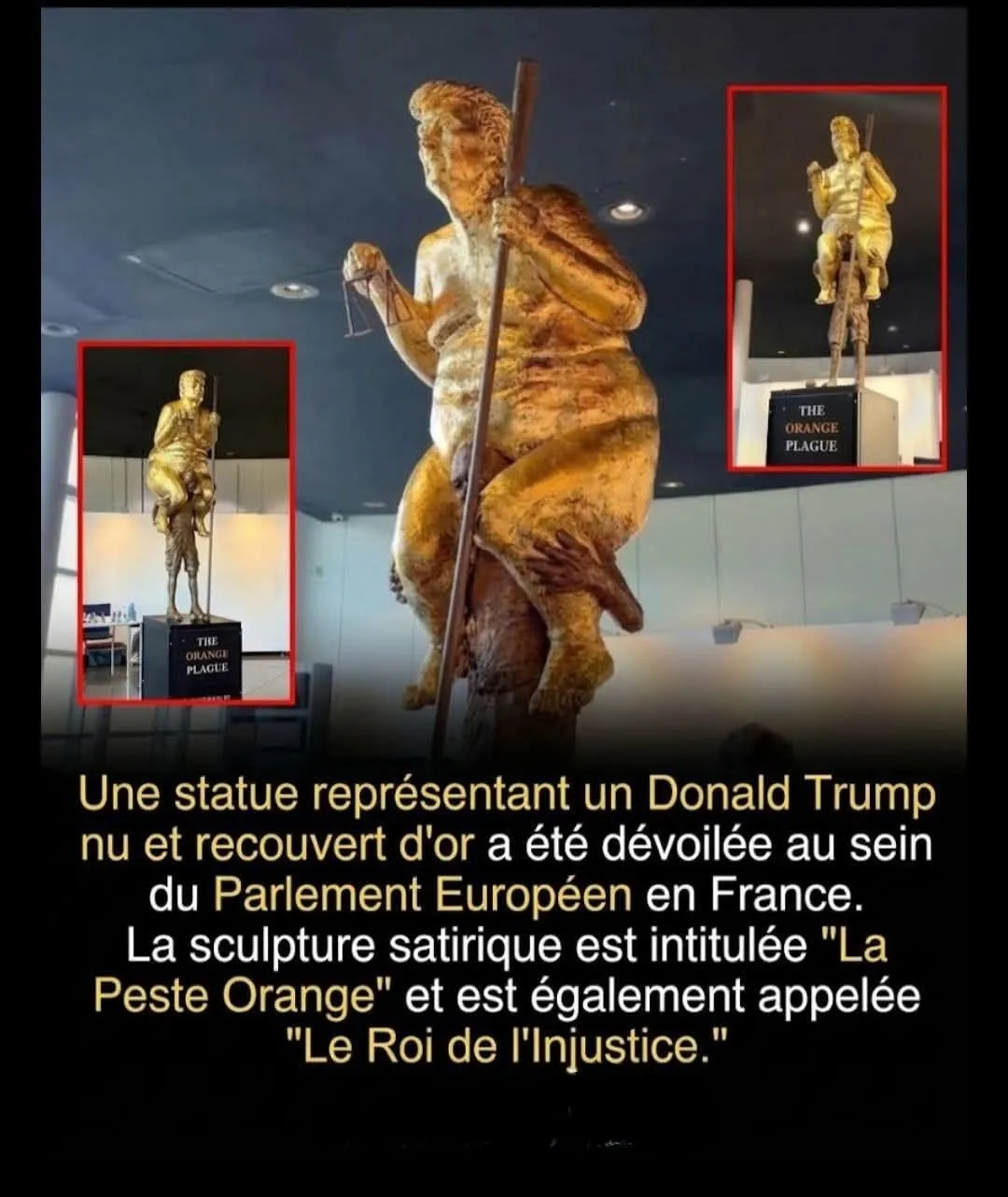 Illustration du post LinkedIn : Statue de Trump, nu, au Parlement Européen