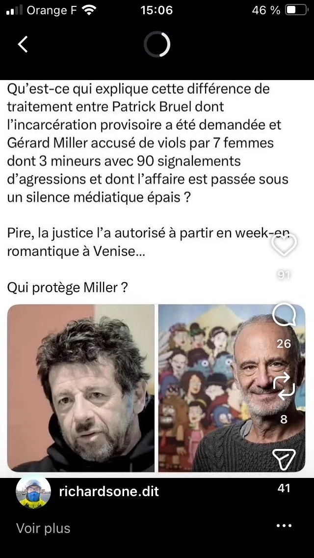 Illustration du post LinkedIn : Différence de traitement entre Patrick Bruel et Gérard Miller