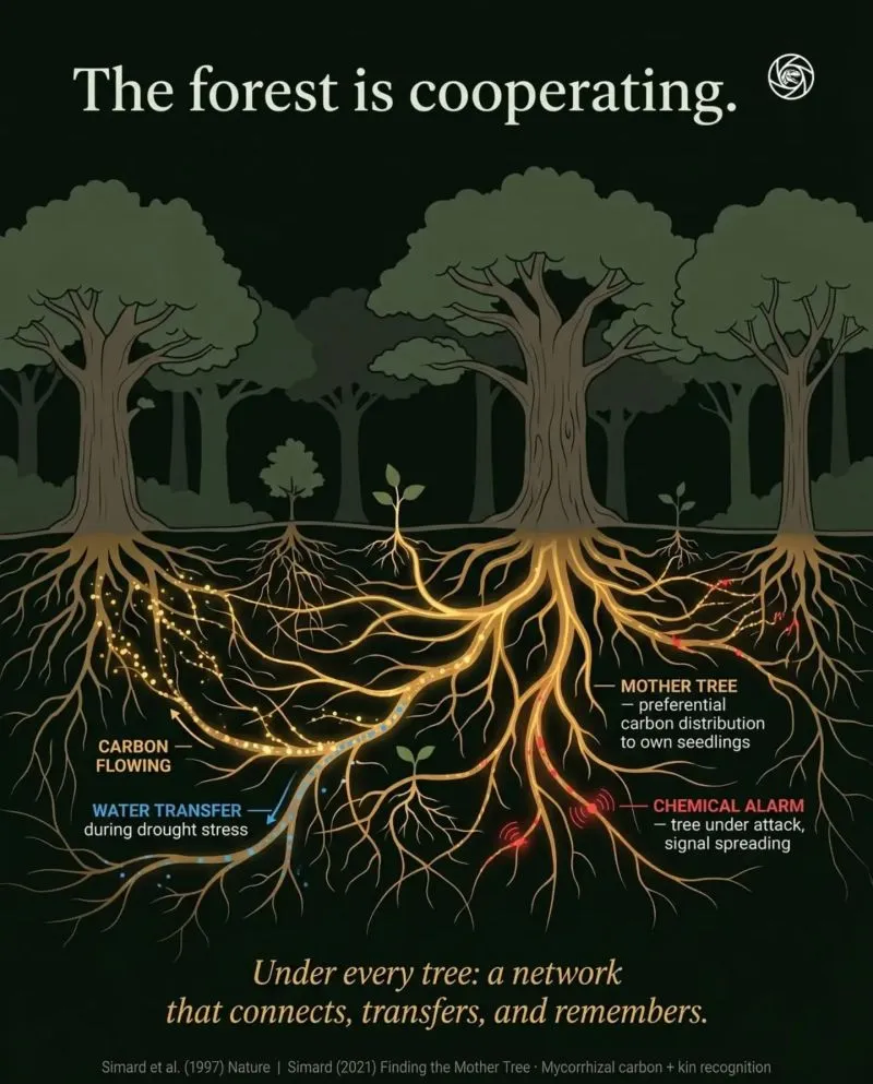 Illustration du post LinkedIn : ❌ La forêt possède un système nerveux coopératif