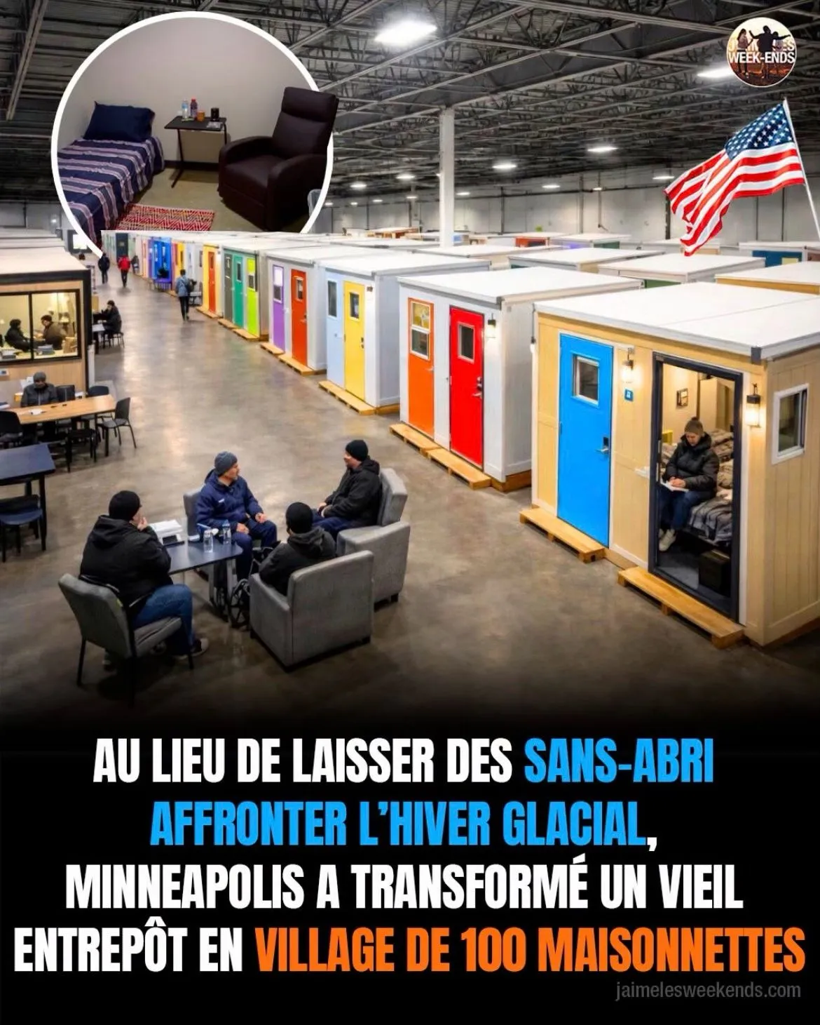 Illustration du post LinkedIn : 100 maisonnettes pour sans abris dans un entrepôt à Minneapolis