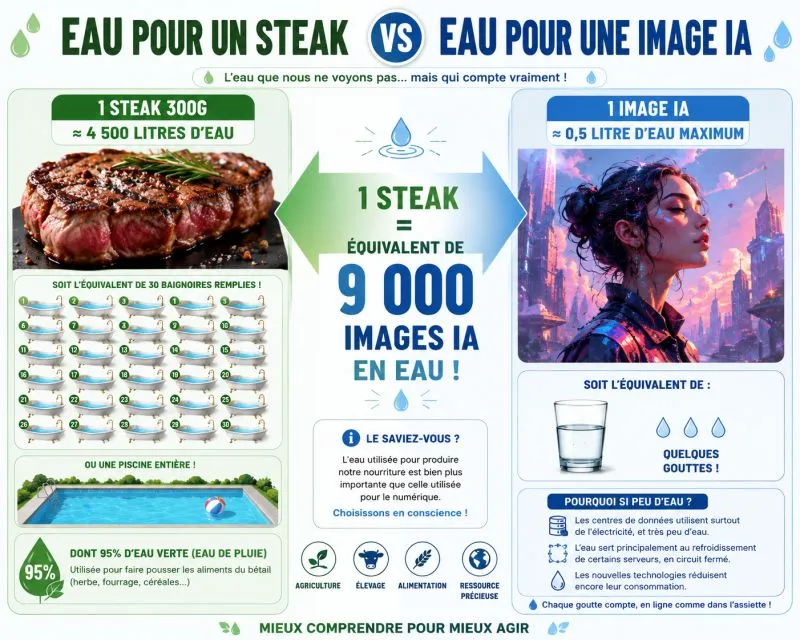 Illustration du post LinkedIn : ❗ Pour la conso d'eau, 1 steak = 9000 images générées par IA