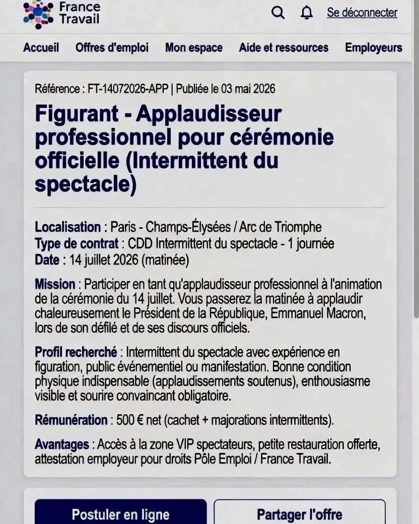 Illustration du post LinkedIn : ❌ L'Etat recrute des applaudisseurs pour le 14 juillet
