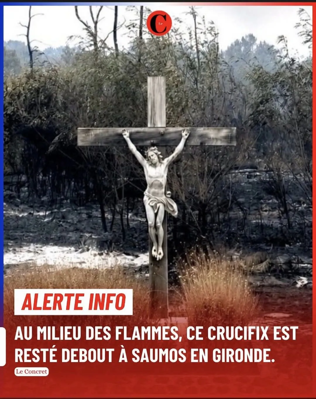Illustration du post LinkedIn : Un crucifix resté debout malgré les incendies en Gironde