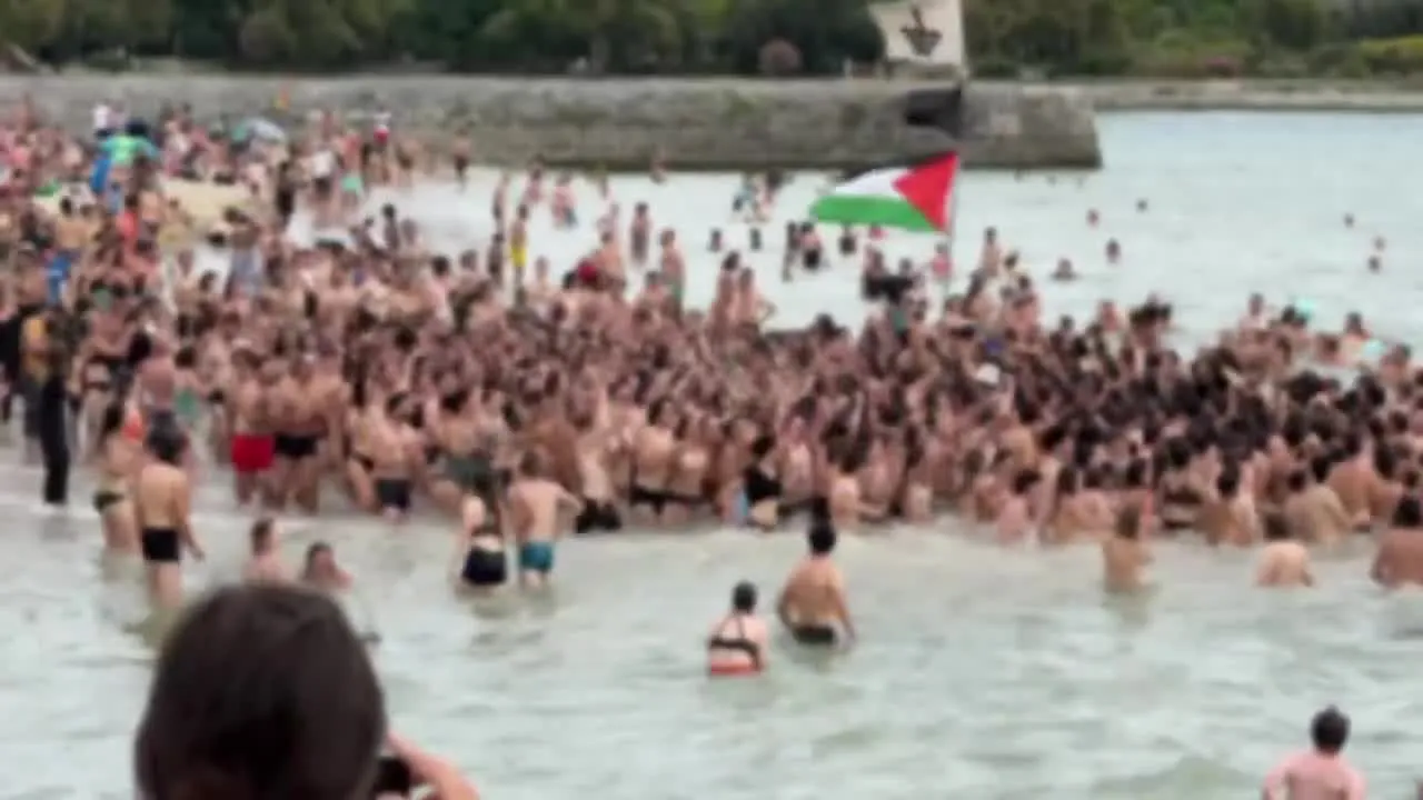 Image: Dans l'eau avec un drapeau palestinien
