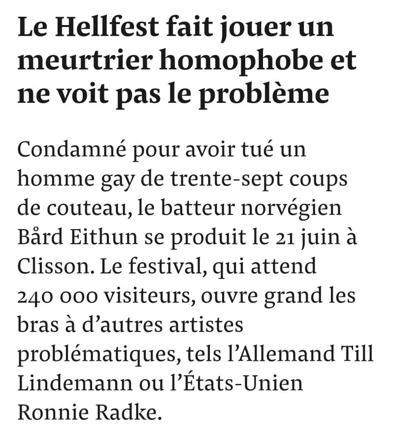 Image: Des chanteurs multi-condamnés invités au Hellfest
