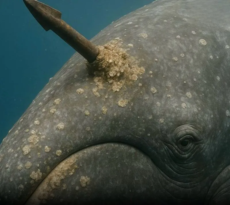 Image: Un fragment de harpon centenaire dans le cou d'une baleine