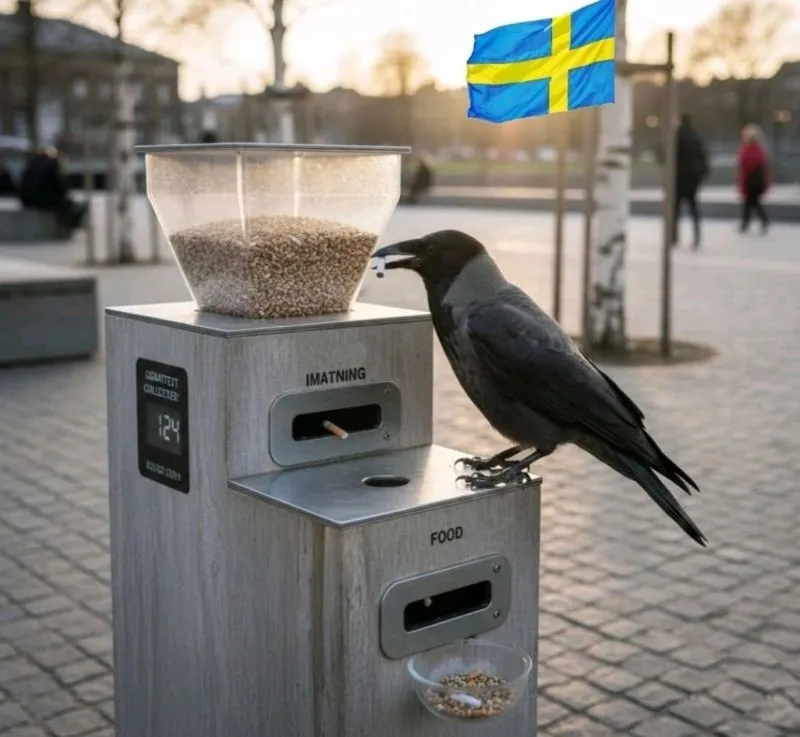 Image: Des corbeaux dressés pour ramasser les mégots de cigarette en Suède